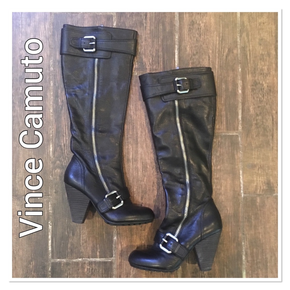 Vince Camuto Black Knee High Moto Buckle Boots